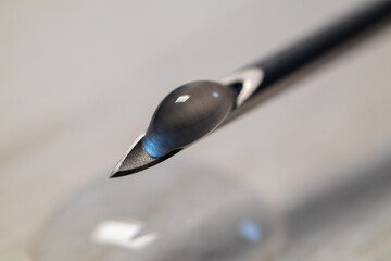 Macro shot of needle with drop of liquid on the top
