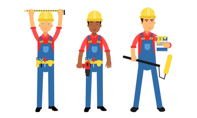 Young Man Constructor in Yellow Hard Hat and Blue Overall Holding Paint Roller and Measurement Tool Vector Illustration Set