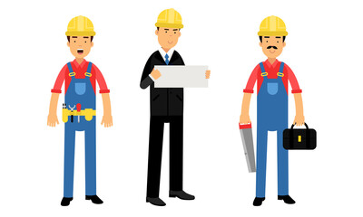 Young Man Constructor in Yellow Hard Hat and Blue Overall Holding Saw and Other Tools Vector Illustration Set