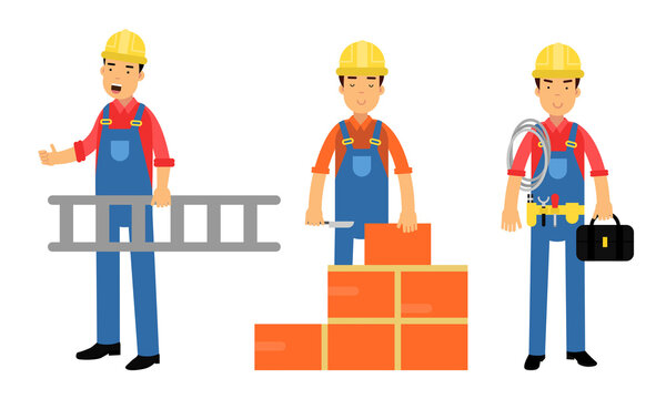 Young Man Constructor In Yellow Hard Hat And Blue Overall Carrying Ladder And Laying Bricks Vector Illustration Set