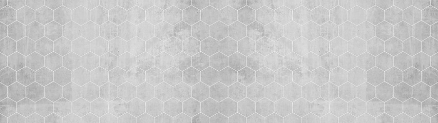 Abstract seamless white grey gray bright concrete cement stone tile wall made of hexagonal geometric hexagon print texture background banner panorama
