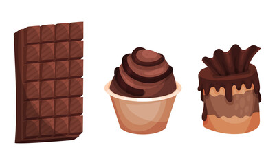 Sweet and Sugary Chocolate Desserts with Cupcake and Bar of Chocolate Vector Set