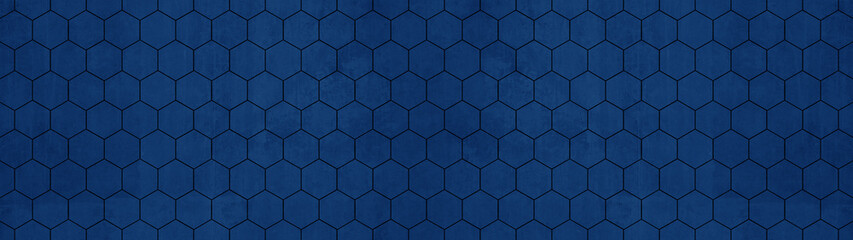 Abstract seamless dark phantom blue indigo concrete cement stone tile wall made of hexagonal geometric hexagon print texture background banner panorama
