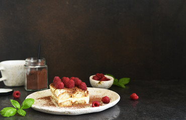 Tiramisu with raspberries on a dark concrete background. The classic Italian dessert is tiramisu.