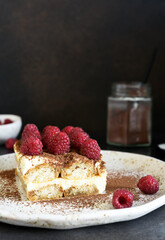 Tiramisu with raspberries on a dark concrete background. The classic Italian dessert is tiramisu.