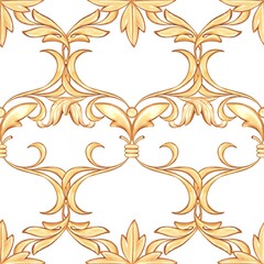 Seamless golden pattern with gold scrolls on white background.