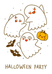 Cute little ghosts with pumpkin and bats isolated on white background - cartoon characters for funny Halloween greeting card and poster design