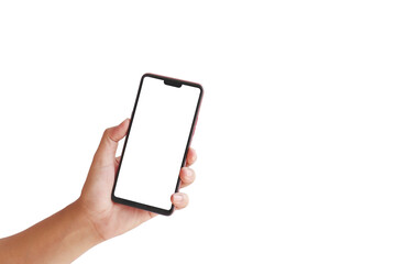The hand is holding the white screen, the mobile phone is isolated on a white background with the clipping path.