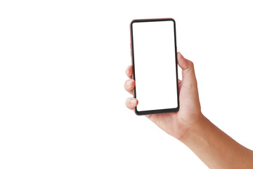 The hand is holding the white screen, the mobile phone is isolated on a white background with the...