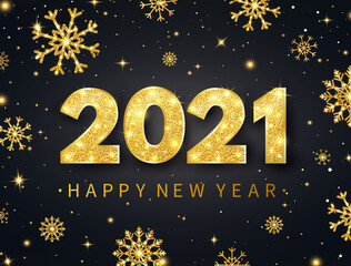 Happy new year 2021 background. Holiday banner with luxury glitter numbers, confetti, snowflakes and stars. Gold festive ornament. Party design elements. Christmas decoration. Vector illustration