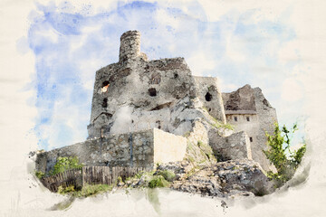 Mirow castle in Poland - waterpaint