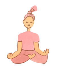 A girl of European appearance doing yoga in pastel colors.Watercolor illustration of meditation on white isolated background in boho style.Design for social networks,banners,advertisements,posters.
