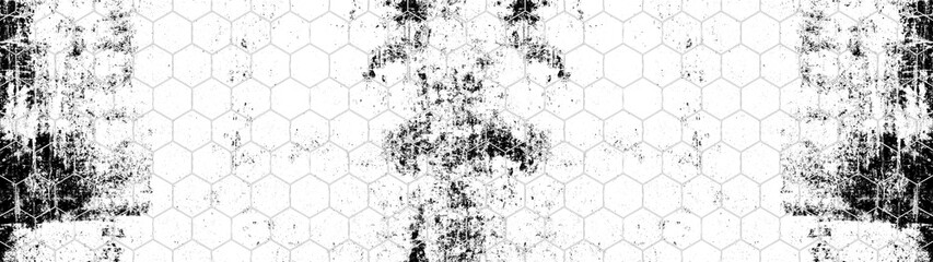 Abstrakte schwarz-weiße Mosaik-Wandbeschaffenheit mit gemaltem Kunstdesign zerkratzt gefleckte geometrische sechseckige Elemente sechseckiges geometrisches Musterdrucktapete mit breitem Hintergrundpanorama-Banner