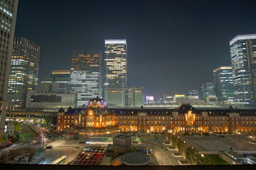 Beautiful night view in the big city, Tokyo station, Japan.
