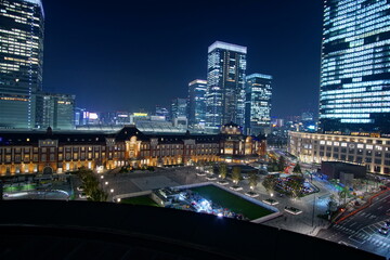 Beautiful night view in the big city, Tokyo station, Japan.