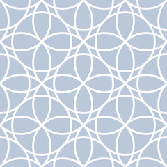 Abstract geometric vector seamless pattern. White crossing circles on blue grey background. Abstract arabic floral pattern. Vector illustration. Simple design for fabric, wallpaper, scrapbooking