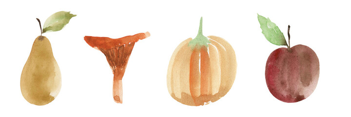 Autumn harvest watercolor set, farm products, forest, garden. Drawing of pear, chanterelle mushroom, pumpkin, apple.