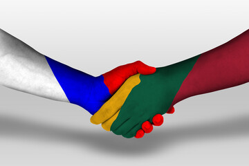 Handshake between lithuania and russia flags painted on hands, illustration with clipping path.