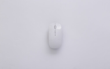 White modern wireless pc mouse on white background. Top view