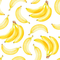Hand drawn watercolor  illustrations of yellow bananas fruits seamless pattern.