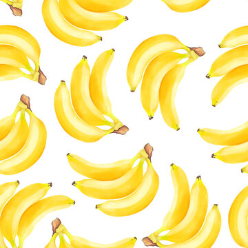 Hand drawn watercolor  illustrations of yellow bananas fruits seamless pattern.