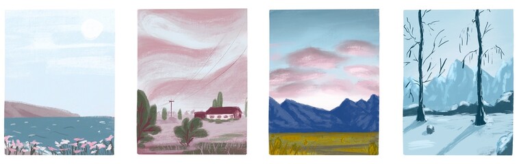 Set of posters for winter, spring, summer and autumn. Abstract illustration of four seasons.