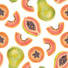 Hand drawn watercolor illustrations of orange papaya fruits seamless pattern