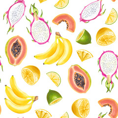 Lemon, lime, papaya, dragon fruit, pear, banana hand drawn watercolor seamless pattern