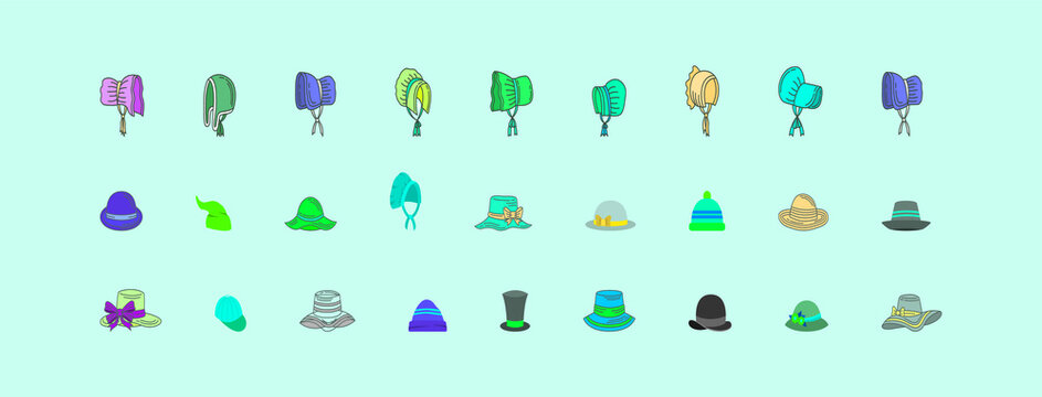 set of bonnet with various models isolated vector on blue