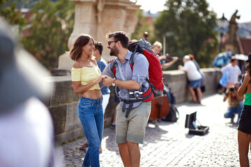 Couple traveling at vacation and have fun dancing together.