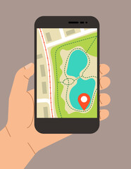 Gps navigation app on smartphone. Hand holds mobile phone with map of park with ponds. Telephone isolated. Tracking system. Vector illustration in flat style 
