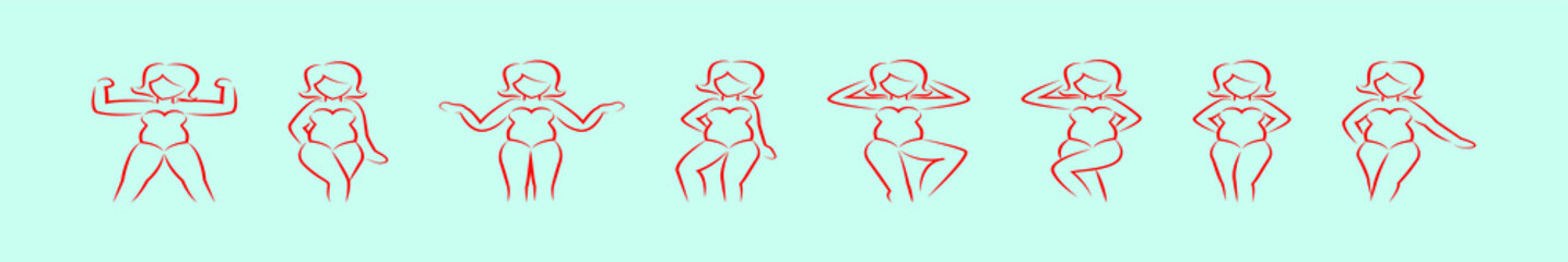 set of a silhouette of a woman with overweight. black and white, different poses. vector illustration