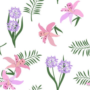 Seamless vector illustration with lily and agapanthus on a white background .