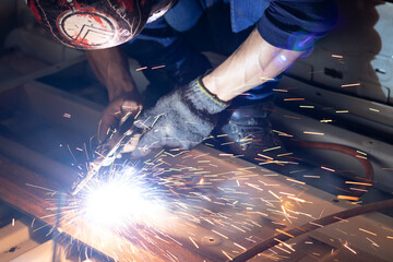 Worker,welding in a car factory with sparks, manufacturing, industry