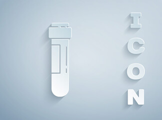 Paper cut Test tube or flask with blood icon isolated on grey background. Laboratory, chemical, scientific glassware sign. Paper art style. Vector Illustration.
