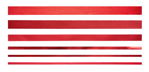 A set of straight red ribbons of different sizes and designs for Christmas and valentines day...
