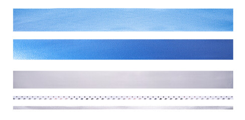 A set of straight blue and silver ribbons of different sizes and designs for Christmas and birthday present wrapping isolated against a white background