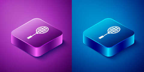 Isometric Tennis racket icon isolated on blue and purple background. Sport equipment. Square button. Vector Illustration.