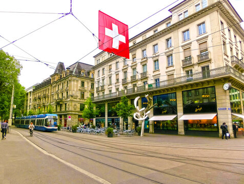Zurich, Switzerland - May 02, 2017: The city center of Zurich, Switzerland. People on the background