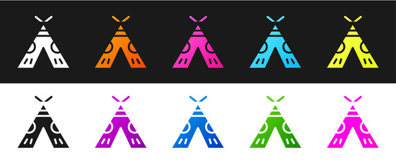 Set Traditional indian teepee or wigwam icon isolated on black and white background. Indian tent. Vector Illustration. © Kostiantyn