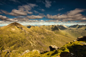 Dramatic view of the scotlands landscape Torridon mountains from Beinn Alligin summit, Highlands, Scotland.