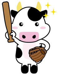 牛06_28（スポーツ・キラキラ・野球道具を持つ牛さん）