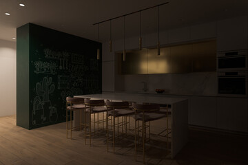 3D illustration of a kitchen with night lighting.