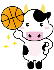 牛06_19（スポーツ・キラキラ・バスケットボールを持つ牛さん）