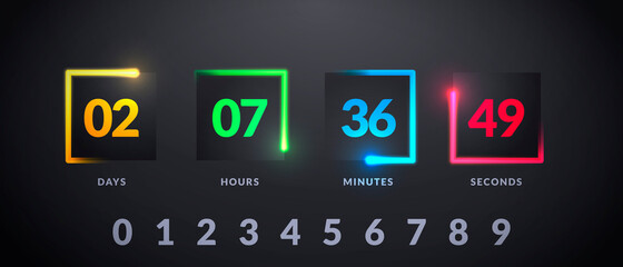 Vector Illustration Modern Futuristic Counter. Countdown With Colorful Lights On Dark Background - obrazy, fototapety, plakaty