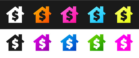 Set House with dollar symbol icon isolated on black and white background. Home and money. Real estate concept. Vector Illustration.