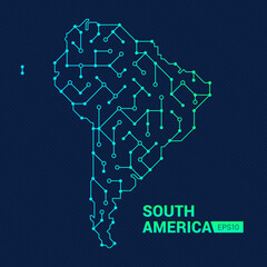 Abstract futuristic map of South America. Electric circuit of the countinent. Technology background.