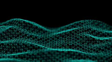 Abstract green futuristic background. Big data visualization. Digital dynamic wave of particles. 3D rendering.