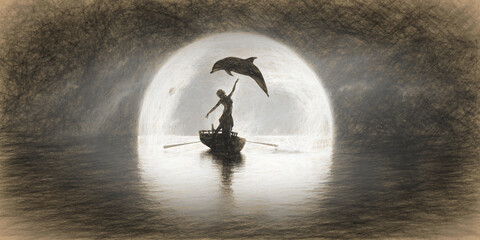 dolphin jumping over a boat with a dancing woman on the background of the moon, pencil sketch © zeleniy9