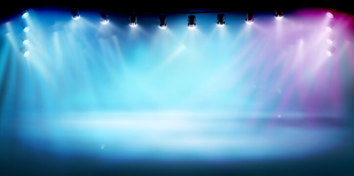 The stage illuminated by spotlights. The show on the stadium. Free space for advertising or displaying products. Vector illustration.
